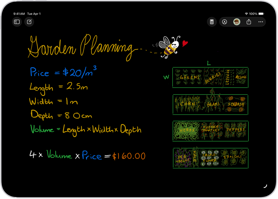 Мәлімделген айнымалылары, теңдіктері және сызбасы бар «Калькулятор» қолданбасындағы математикалық жазба.