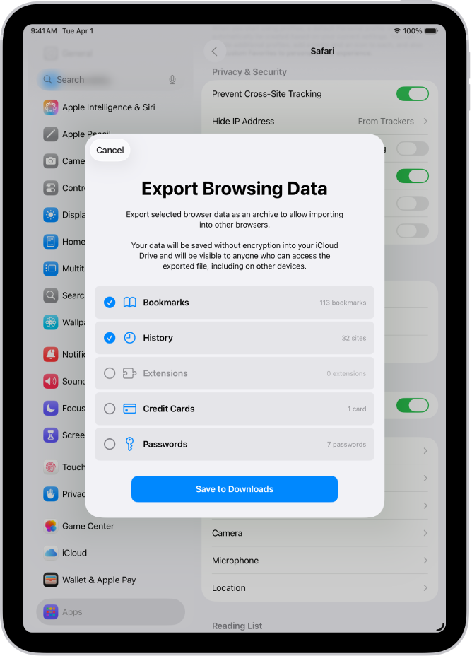 Safari браузерінен басқа браузерге экспорттауыңызға болатын деректерді көрсетіп тұрған «Шолу деректерін экспорттау» экраны.