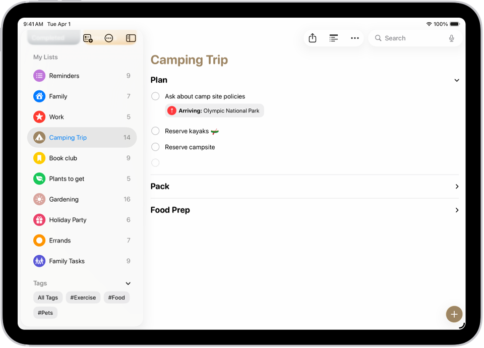 Programoje „Priminimai“ rodomas sąrašas, kurio viena skiltis išskleista, o kitos – suskleistos.