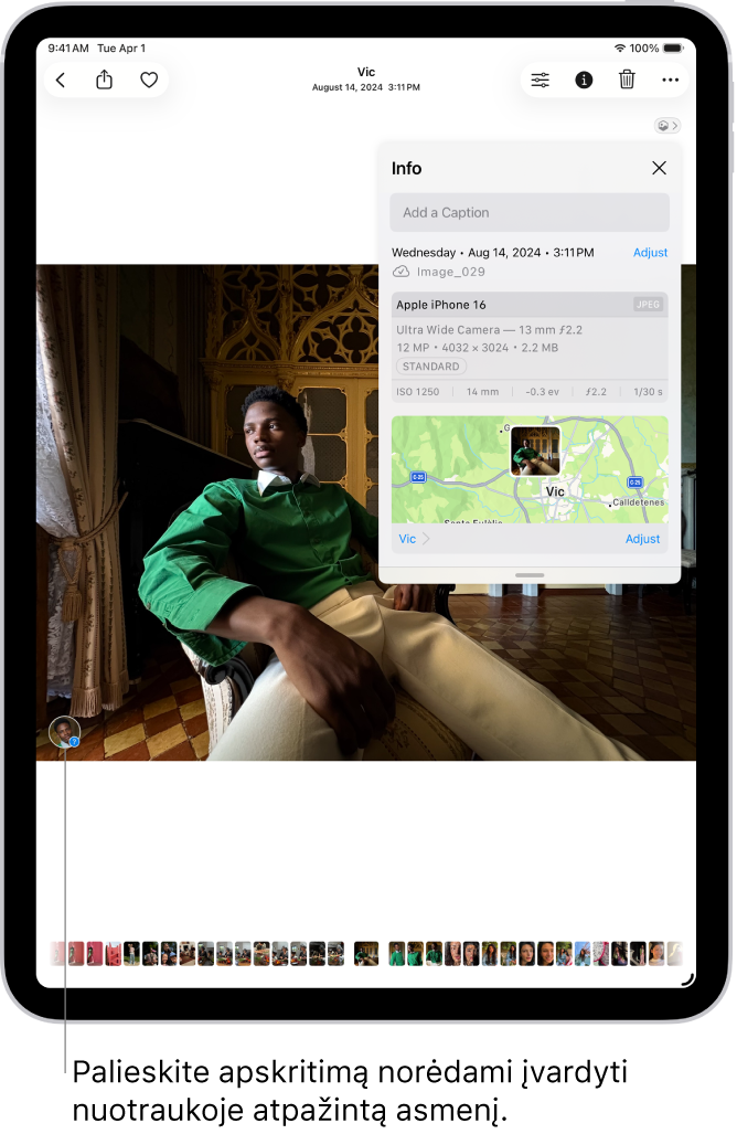 „iPad“ ekrane rodoma nuotrauka, atidaryta programoje „Nuotraukos“. Apatiniame kairiajame nuotraukos kampe yra asmens, kuris rodomas nuotraukoje, miniatiūra.