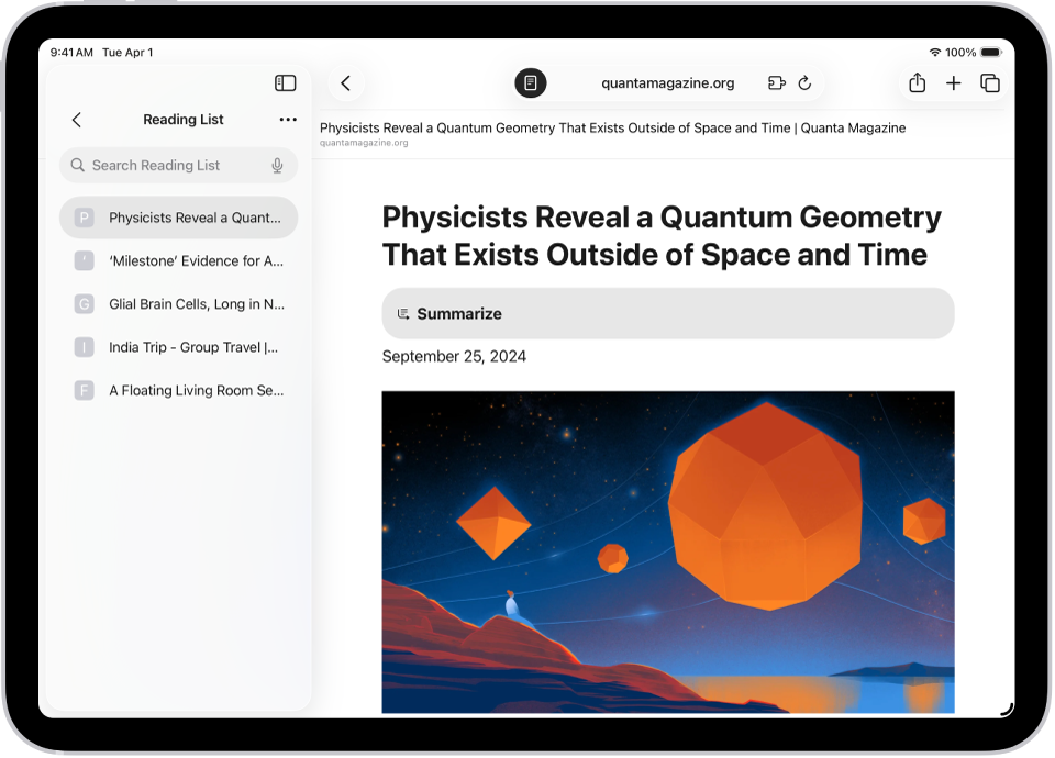 Naršyklėje „Safari“ kairėje esančioje šoninėje juostoje atidarytas skaitymo sąrašas ir rodomas skaitymo sąraše išsaugotų svetainių sąrašas.