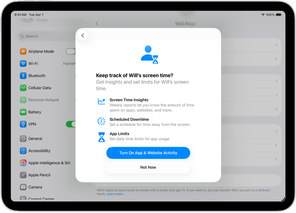 Ekrāns Settings ar virsū uznirstošo logu, kurā iestatīts Screen Time.