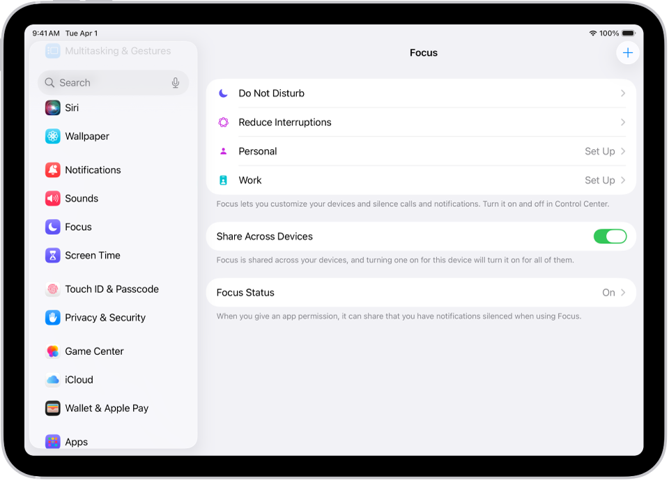 Skrin menunjukkan enam pilihan Fokus yang disediakan—Jangan Ganggu, Memandu, Tiada mesej semasa panggilan, Tidur, Peribadi dan Kerja. Butang Kongsi Merentas Peranti aktif, yang membenarkan seting Fokus sama untuk digunakan merentas peranti Apple anda.