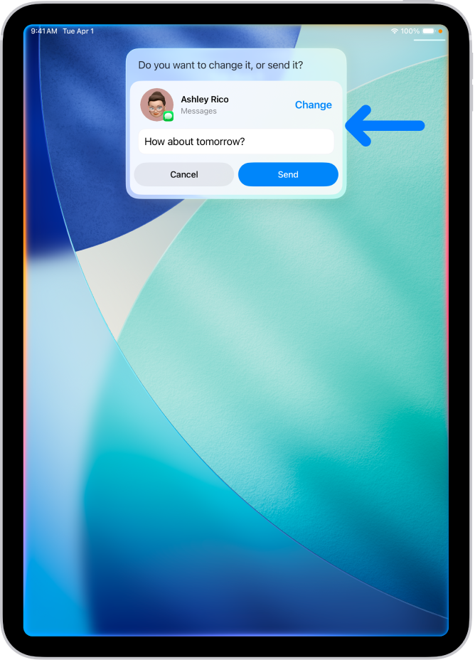 iPad menunjukkan respons daripada Siri di bahagian atas skrin dalam bentuk mesej teks sedia untuk dihantar.