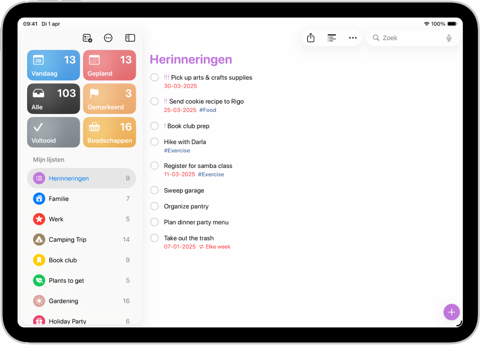 De Herinneringen-app met een nieuwe taak die aan de herinneringenlijst wordt toegevoegd.