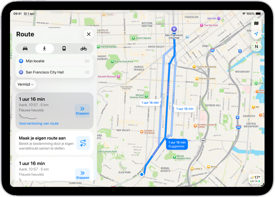 Een kaart met twee looproutes, elk met een knop 'Stappen'.