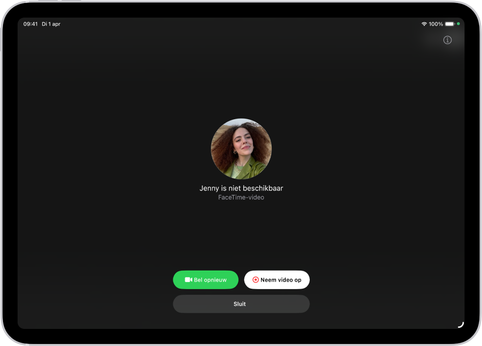 Het scherm 'Neem video op', waarin wordt aangegeven dat de persoon die je belt niet beschikbaar is. In het scherm zie je onder andere de knop 'Bel opnieuw' en de knop 'Neem video op', waarop je kunt tikken om een videobericht op te nemen.
