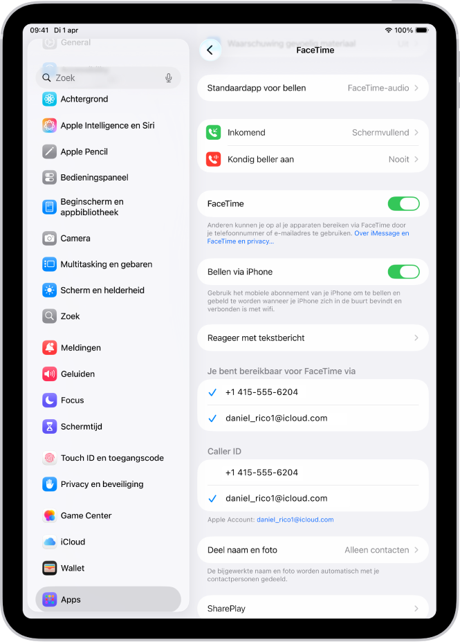 Het scherm met FaceTime-instellingen, met de optie voor de standaardapp voor bellen, de regelaar om FaceTime in of uit te schakelen en de Apple Account die voor FaceTime wordt gebruikt.