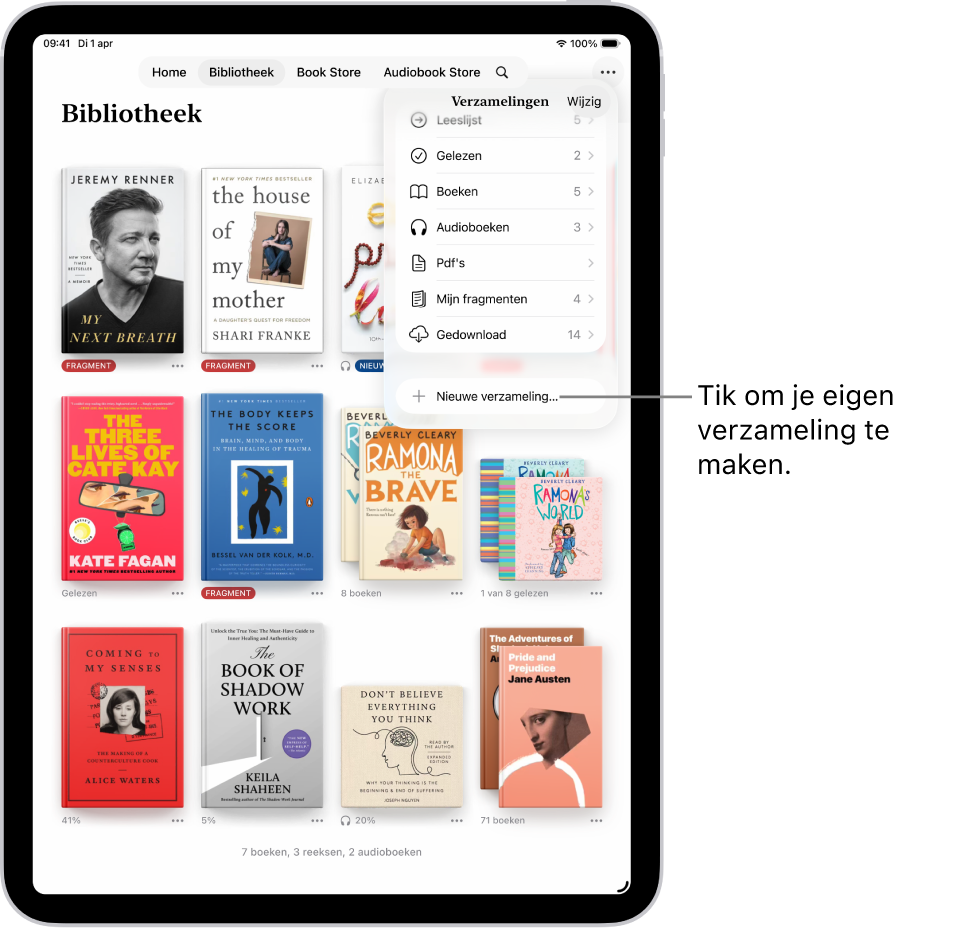 Het scherm 'Bibliotheek' in de Boeken-app. Boven in het scherm is het menu 'Verzamelingen' geopend, met daarin opties zoals 'Audioboeken' en 'Pdf's'.