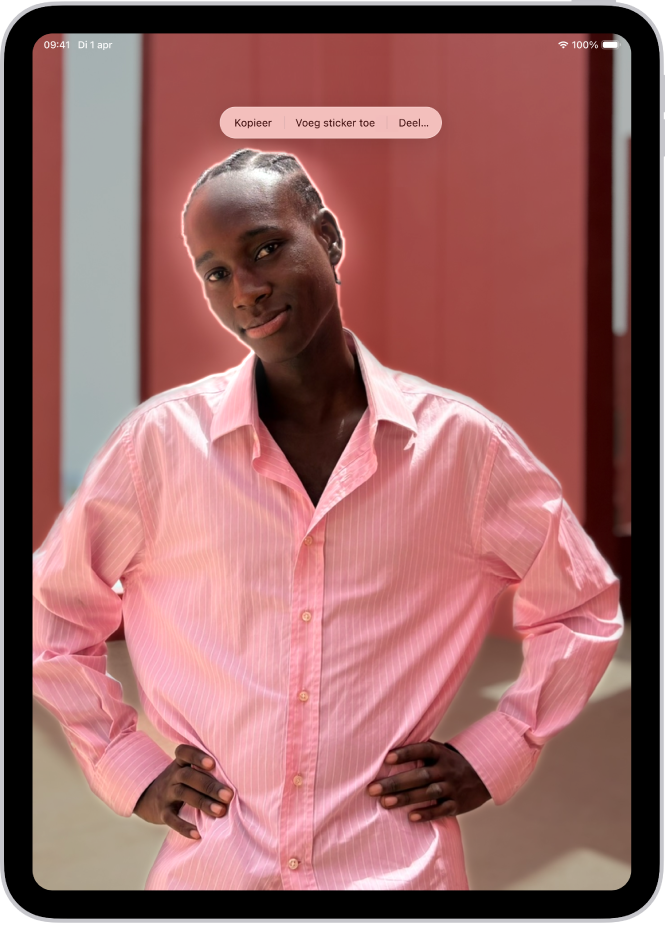 Een foto is open in de fotobibliotheek van de Foto's-app. Het onderwerp in het midden van de foto is omlijnd en erboven staan de knoppen 'Kopieer', Zoek op', 'Voeg sticker toe' en 'Deel'.