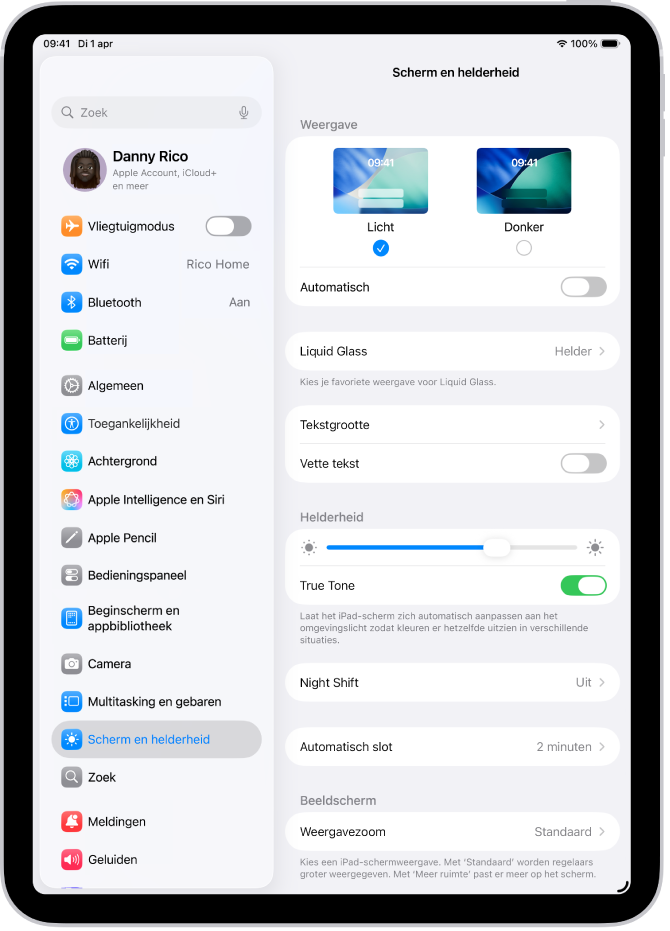 Het scherm 'Beeldscherm en helderheid' in Instellingen.
