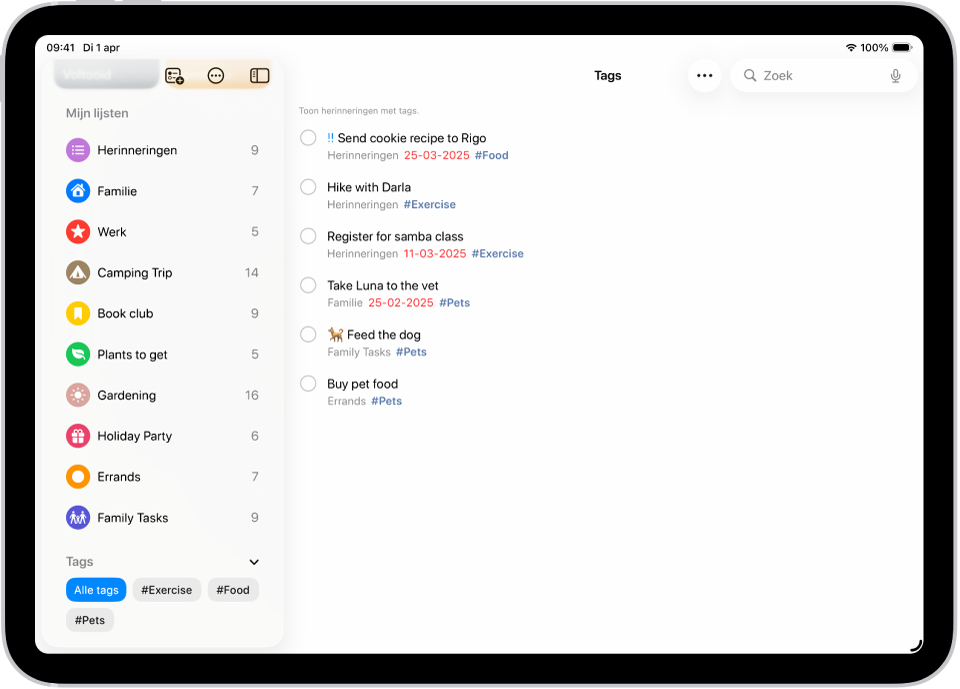 De Herinneringen-app met meerdere lijsten en aan de linkerkant de tagkiezer. Aan de rechterkant staat een lijst met alle onderdelen met tags.