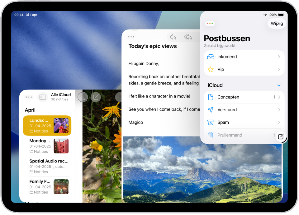 Een iPad-scherm waarin in twee Mail-vensters en één Notities-venster wordt gewerkt.