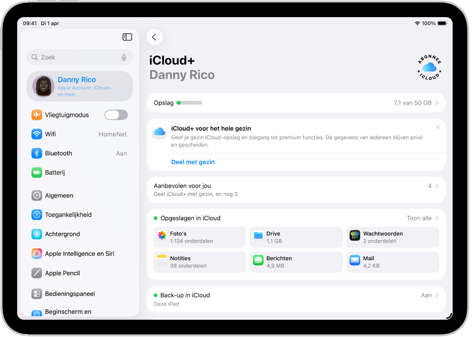 Het scherm met iCloud-instellingen, met de opslagmeter en een lijst met functies, zoals Foto's, iCloud Drive en Back‑up in iCloud, die met iCloud kunnen worden gebruikt.