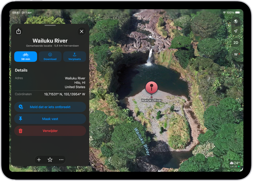 De Kaarten-app met een gemarkeerde locatie op een kaart van een park. Linksbovenin staan knoppen om een routebeschrijving naar de locatie op te vragen, een kaart van de omgeving te downloaden of de speld te verplaatsen.