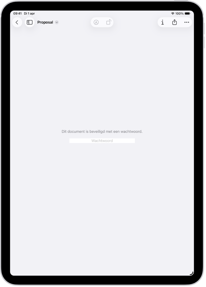 Een vergrendeld pdf-formulier met een wachtwoordveld in de Voorvertoning-app. Onder in het scherm staan de knoppen voor markeren, info en delen.