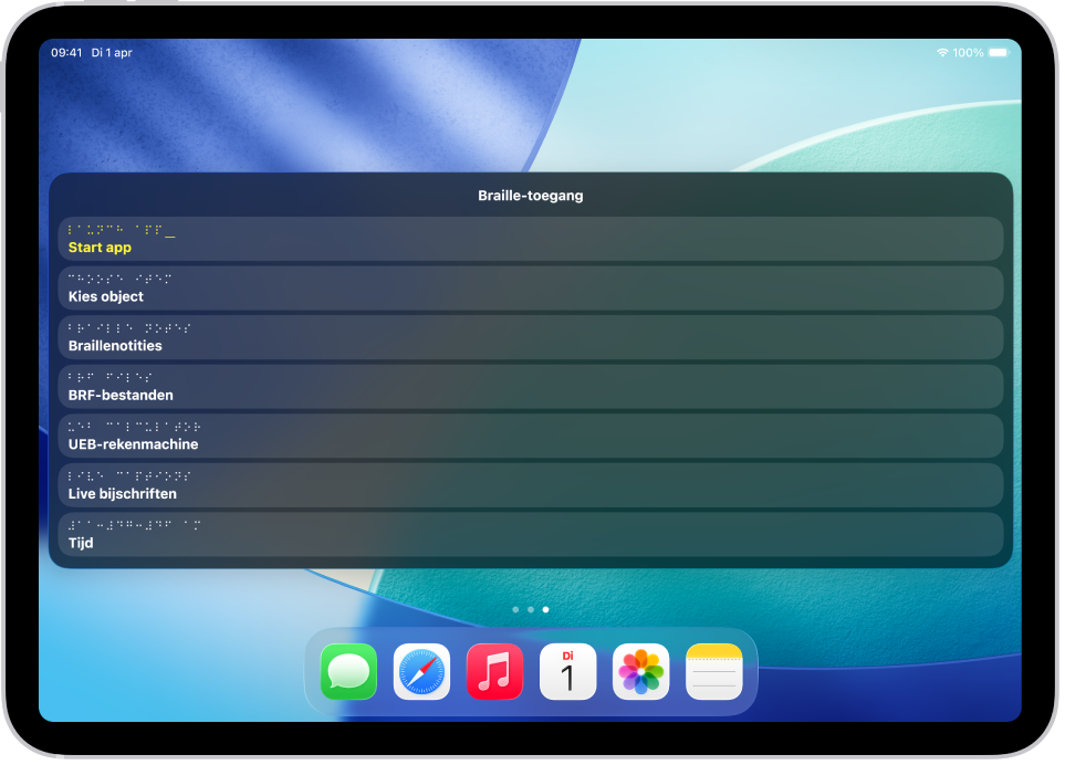 Een iPad waarop het menu 'Brailletoegang' is geopend, met de volgende opties: 'Start app', 'Kies object', 'Braillenotities', 'BRF-bestanden', 'UEB-rekenmachine', 'Live bijschriften' en 'Tijd'.