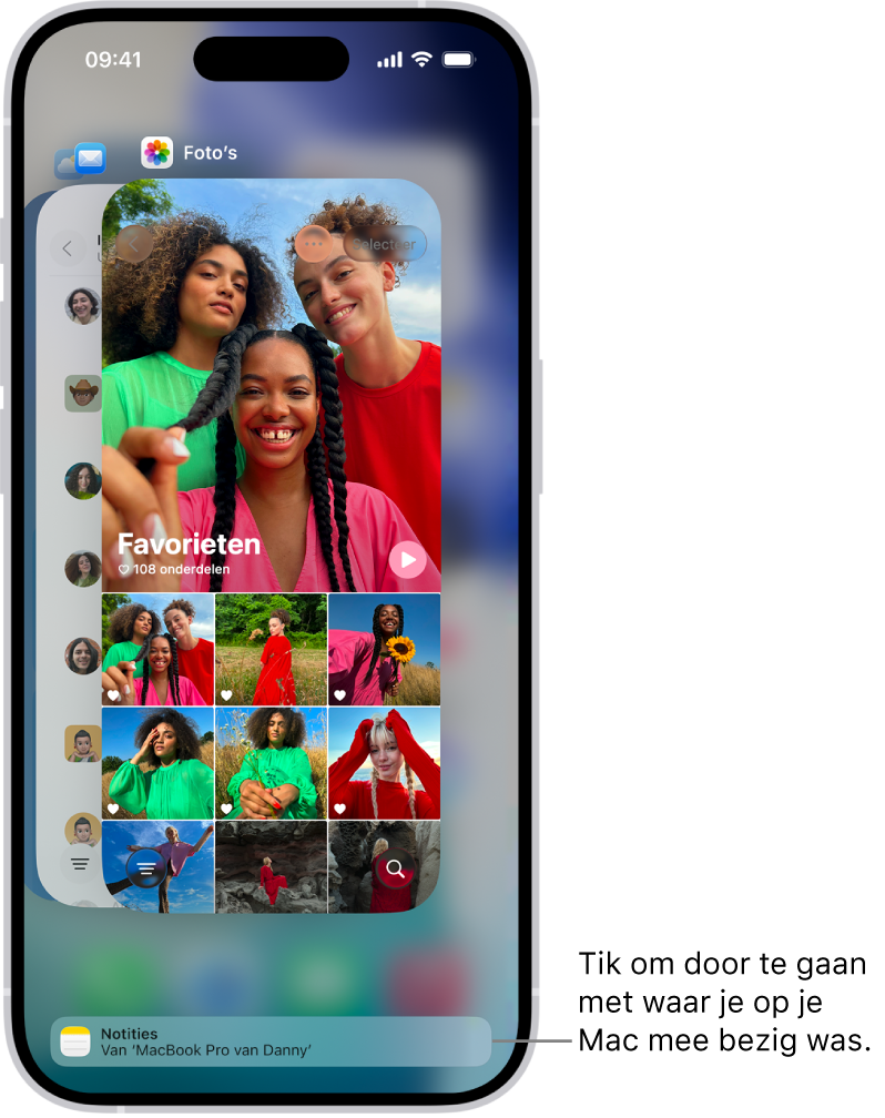 De appkiezer op de iPhone, met een handoff-melding onder in het scherm.