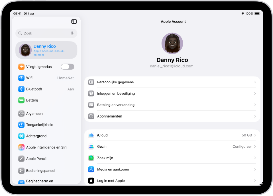 Afbeelding van de Apple Account-instellingen met diverse opties, waaronder persoonlijke gegevens, abonnementen en Zoek mijn.