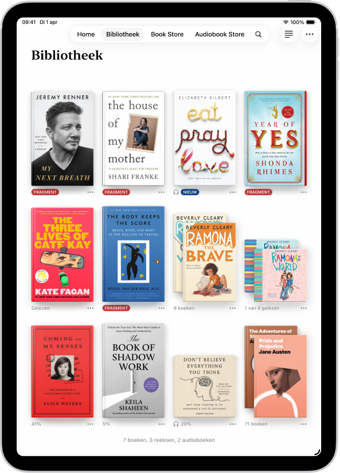 Het scherm 'Bibliotheek' in de Boeken-app.