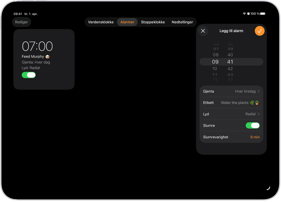 Alarmer-fanen i Klokke-appen viser innstillinger for å endre tidspunktet for alarmen, velge om alarmen skal gjentas, legge til en etikett for alarmen, velge lyden for alarmen, slå på slumring og endre varigheten for slumringen.