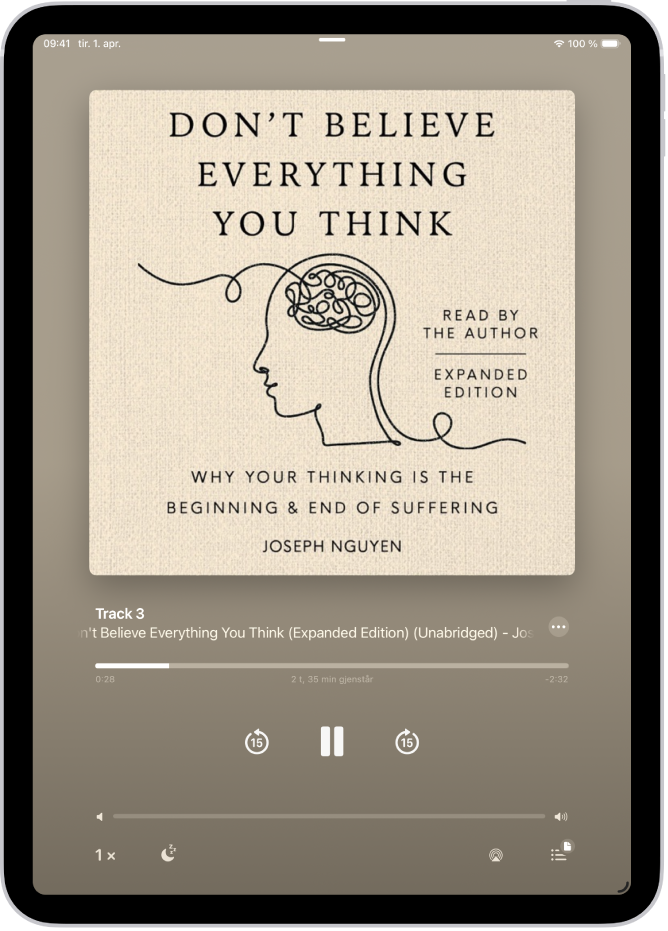 Lydbokspilleren som viser – fra øverst til nederst – bokomslaget, navnet på delen som spilles av, spillehodet og knappene for å sette på pause, hoppe framover og hoppe tilbake. Nederst vises skyveknappen for volum, og under dette vises knappene for å styre avspillingshastighet, angi en dvaleinnstilling, velge et avspillingsmål og vise en liste over sporene i boken.