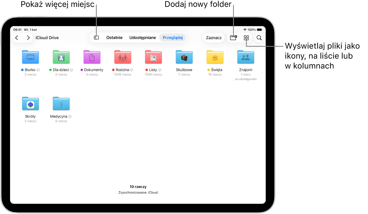 Aplikacja Pliki wyświetla wiele folderów i lokalizacji o nazwach Pobrane, Listy, Rodzina itd. Na dole ekranu znajdują się przyciski kart Ostatnie, Udostępniane oraz Przeglądaj.