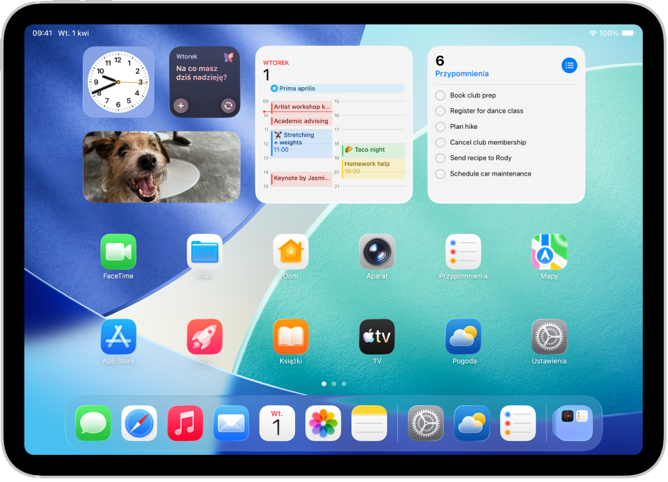 Zrzut ekranu przedstawiający przykład ekranu głównego iPada.