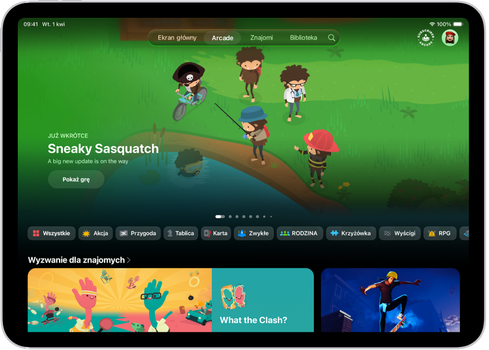 Aplikacja Gry wyświetlająca kartę Arcade. Widoczna jest grafika promocyjna nadchodzącej gry. Na pasku kart zaznaczona jest karta Arcade.
