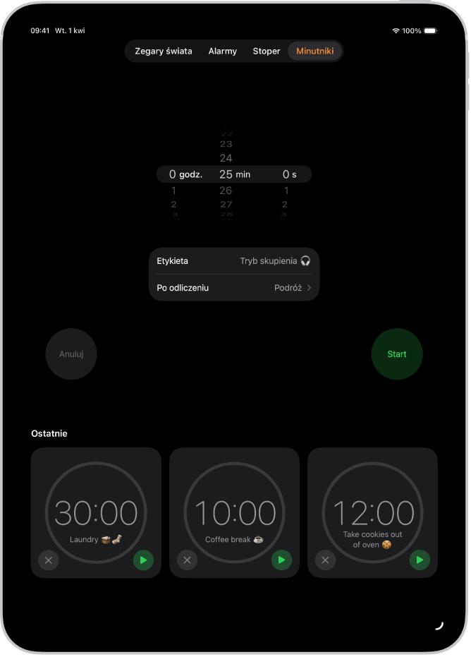 Karta Minutniki z ustawieniami minutnika. Poniżej ustawień minutnika widoczny jest ostatnio utworzony minutnik. Na dole znajdują się przyciski Zegary świata, Alarmy, Stoper oraz Minutniki.