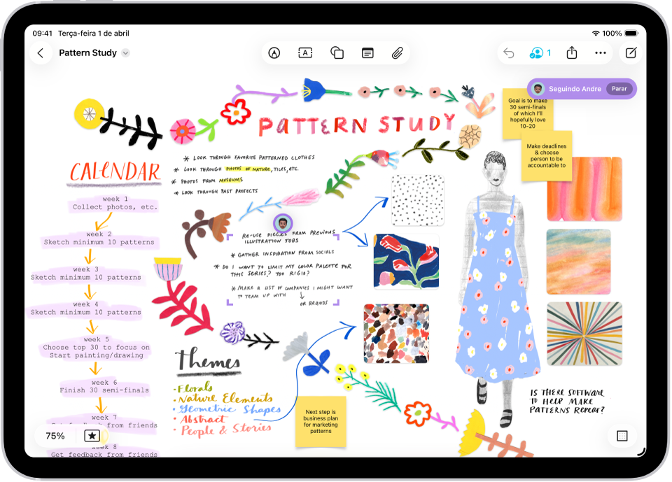 Alguém está seguindo o quadro Freeform de outra pessoa. A seleção da outra pessoa está sinalizada com um avatar e tiques coloridos.