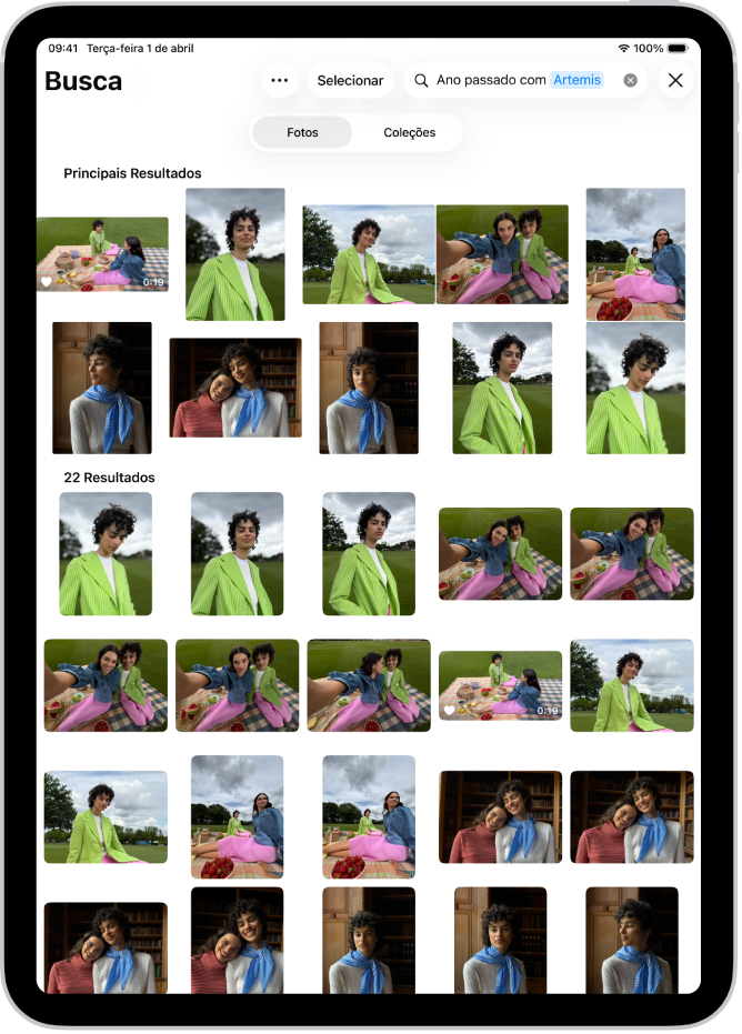 Um iPad mostrando fotos no app Fotos. Uma barra de busca com uma descrição aparece na parte superior direita da tela.