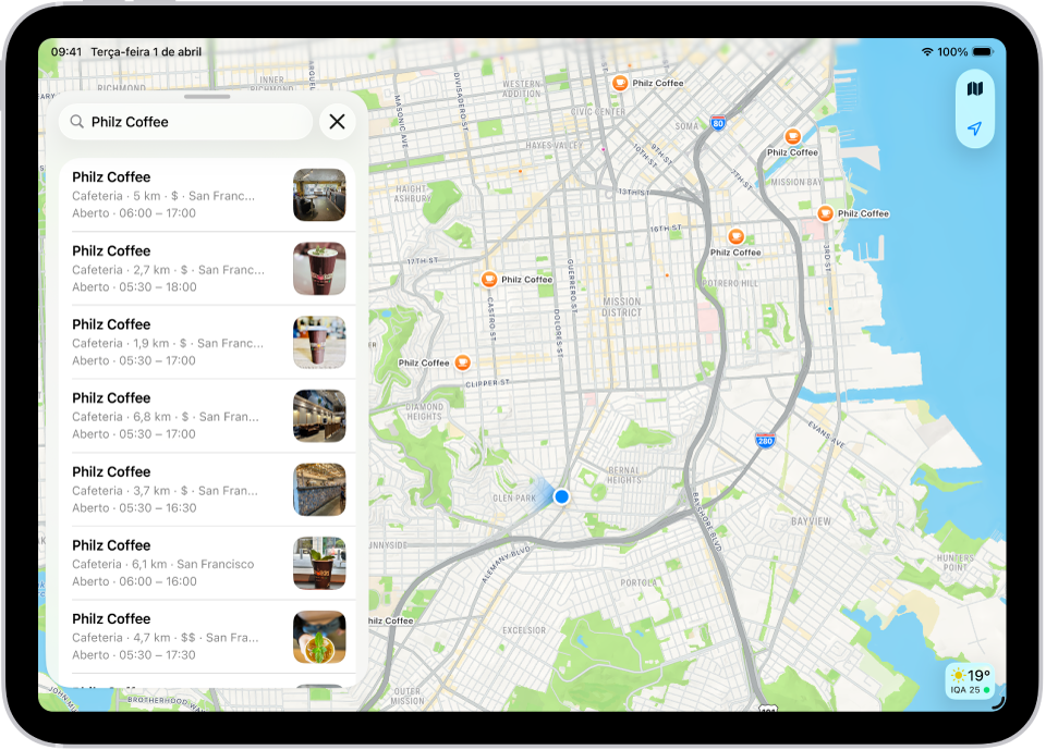 O app Mapas mostrando o mapa de uma área. O campo de busca está acima à esquerda, com resultados de uma busca abaixo.