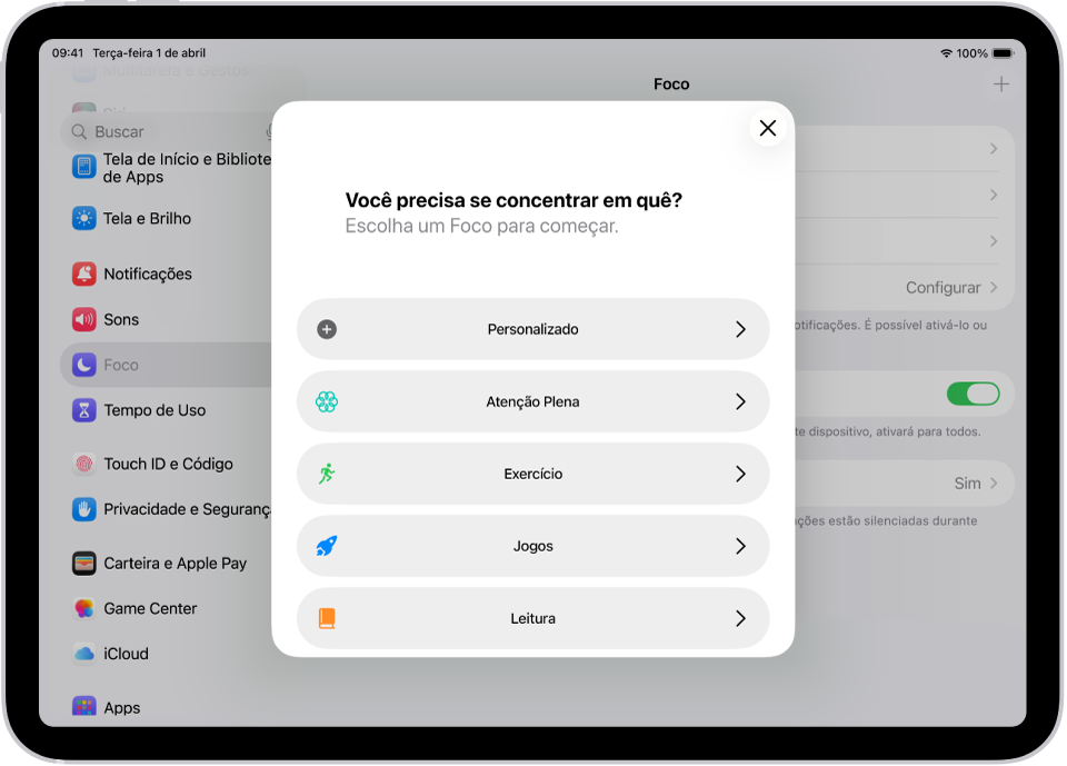 Tela de configuração de Foco para as opções adicionais de Foco fornecidas, incluindo Personalizado, Exercício, Jogos, Atenção Plena e Leitura.