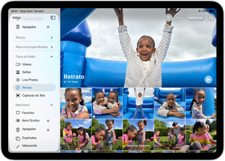 Tipos de Mídia está aberto no app Fotos, mostrando coleções de vídeos, selfies, Live Photos, retratos e outros.