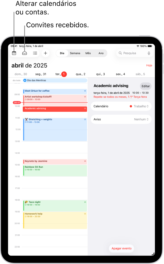 Um calendário em vista de dia. Os botões na parte superior do ecrã, ao centro, permitem alternar entre as vista Dia, Semana, Mês e Ano. O botão Calendários encontra-se em cima à esquerda do ecrã e o botão Recebido encontra-se perto do canto superior esquerdo.