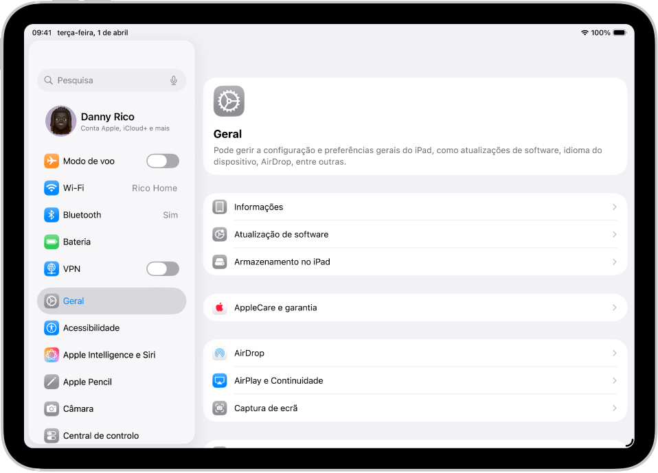 O ecrã principal do iPad com vários ícones de aplicação, incluindo o ícone da aplicação Definições, no qual pode tocar para alterar o volume de som, o brilho no ecrã e outras definições do iPad.