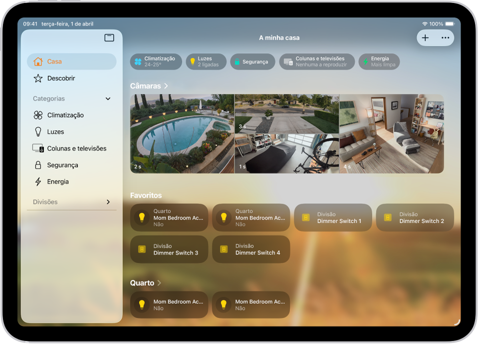 Plano gráfico: Uma captura de ecrã da aplicação Casa com vários dispositivos que podem ser controlados.