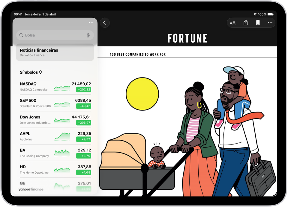 Um artigo relacionado com finanças de Apple News na aplicação Bolsa. No canto superior esquerdo do artigo está o botão “Anterior” para voltar aos artigos sugeridos. No canto superior direito estão os botões “Tamanho do texto”, “Partilhar”, “Guardar” e “Mais ações”.