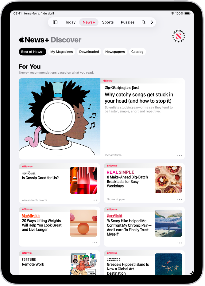 A página Discover em Apple News+. Na barra de separadores, é selecionada a opção News+ e, abaixo desta, a categoria Best of News+.