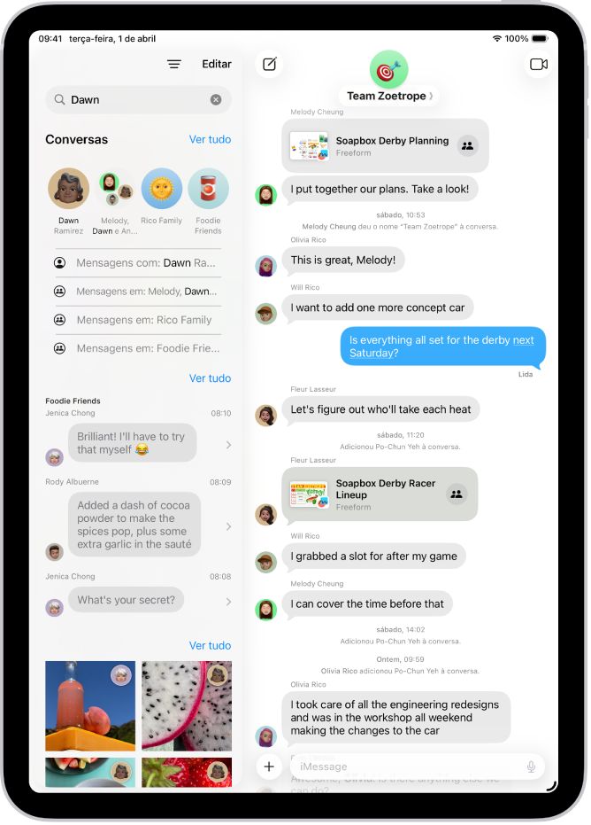 O campo de pesquisa na aplicação Mensagens surge na parte superior do ecrã. O campo de pesquisa contém o nome de uma pessoa e várias correspondências de pesquisa surgem por baixo dele.