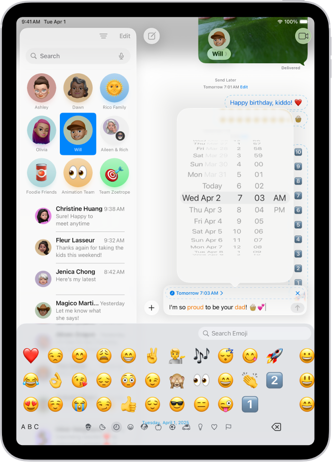 O conversație Mesaje cu un mesaj programat pentru a fi trimis mai târziu.