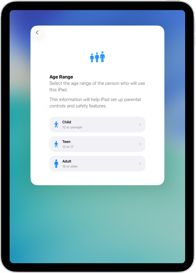Ecranul de configurare Interval de vârstă. Trei intervale de vârstă apar în listă: Copil (12 ani sau mai puțin), Adolescent (între 13 și 17 ani) și Adult (18 ani sau mai mult).