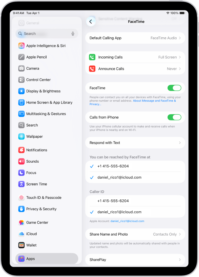 Ecranul de configurări FaceTime, afișând comanda pentru activarea sau dezactivarea FaceTime și numărul de telefon și adresa de e‑mail la care vă pot contacta alte persoane.