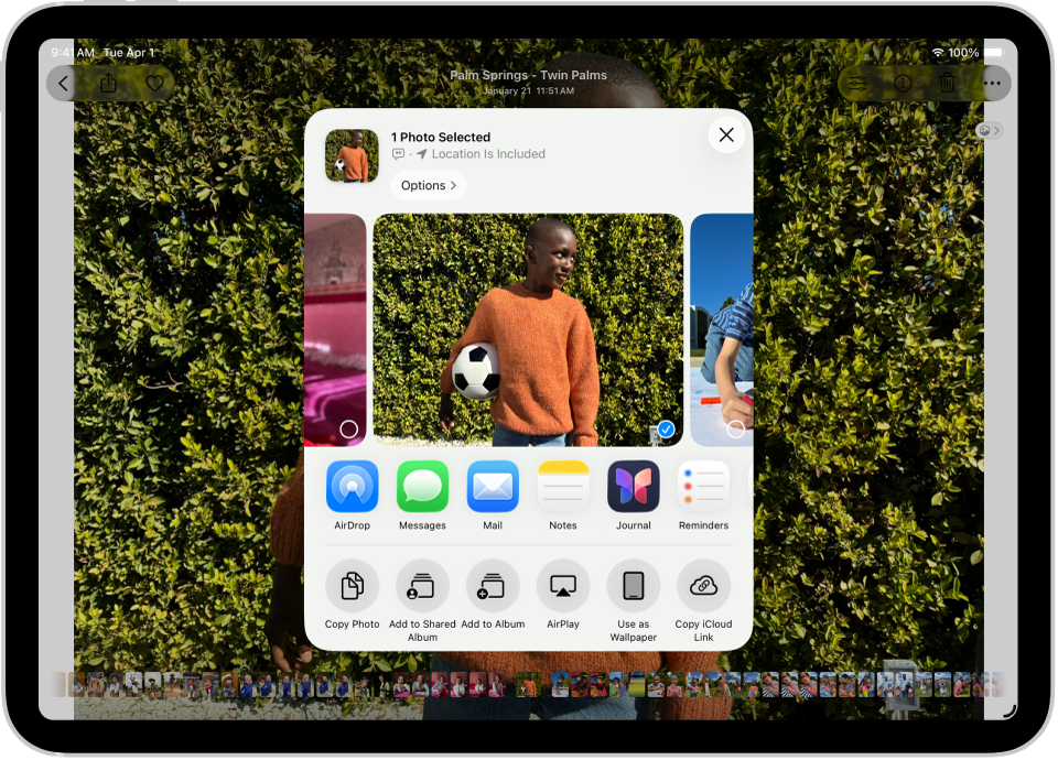 O poză este deschisă în aplicația Poze, iar opțiunile de partajare sunt afișate în mijlocul ecranului.