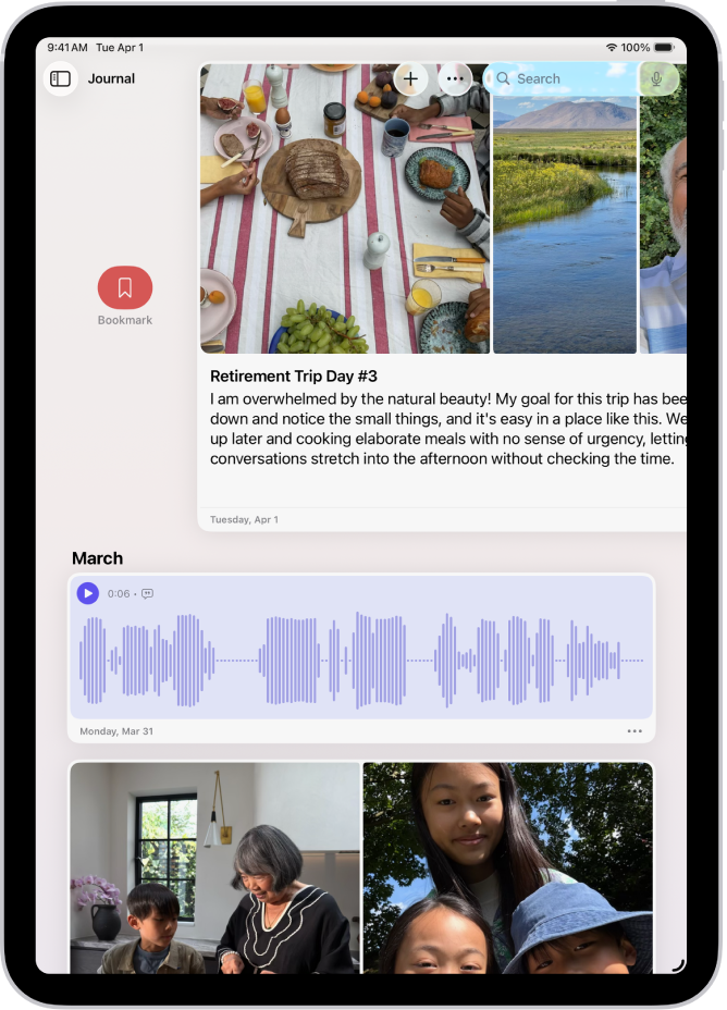 Un ecran din aplicația Jurnal afișând intrări de jurnal. O intrare este glisată spre dreapta și se afișează butonul Adăugați un marcaj.