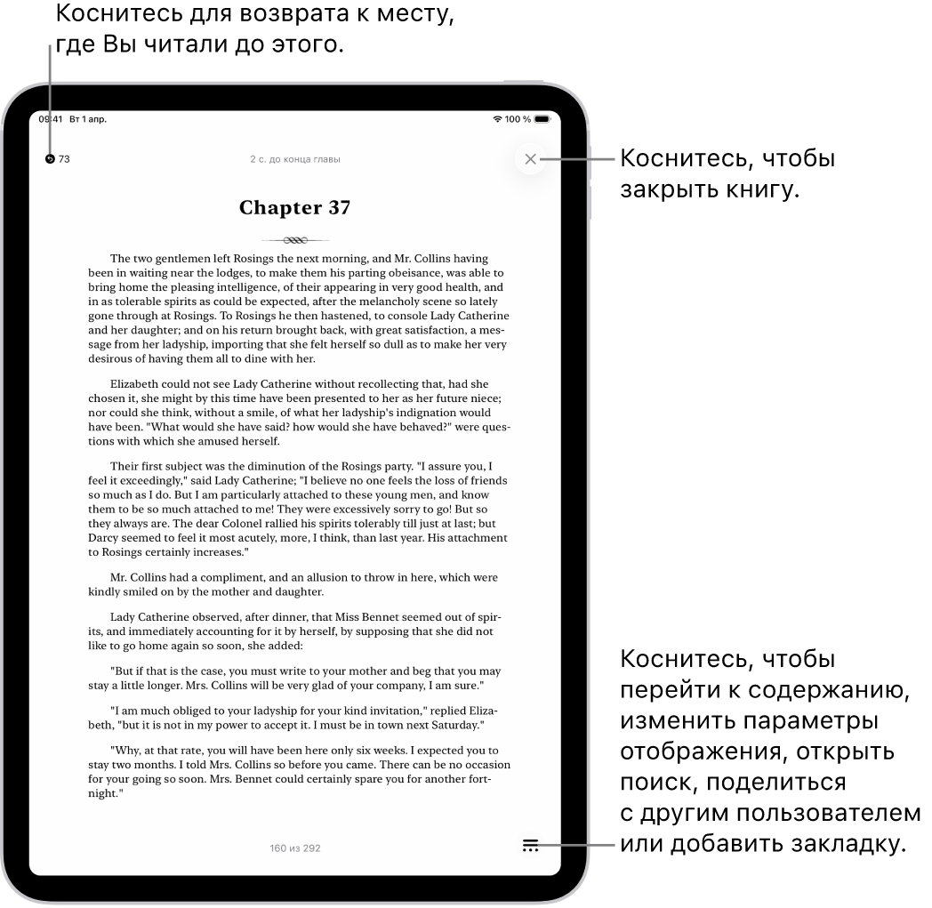 Страница книги в приложении «Книги». Вверху экрана расположены кнопки для возврата к странице, с которой Вы начали чтение, и для закрытия книги. В правом нижнем углу экрана находится кнопка меню.