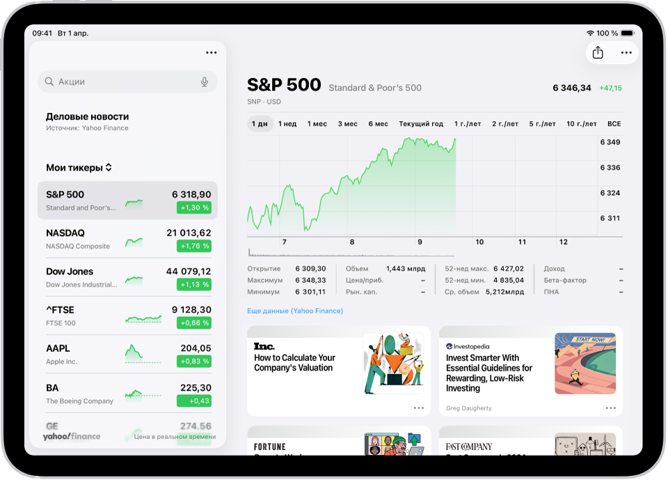 Расположенный на экране iPad в приложении «Акции» график показывает утреннюю динамику акции. Слева отображается список тикеров. Над графиком расположены кнопки для отображения доходности акции за неделю или более продолжительный промежуток времени — месяцы и годы, вплоть до 10 лет. Под графиком расположена информация об акции, такая как цена открытия, максимум, минимум и рыночная капитализация, а также ссылки на новости бизнеса.