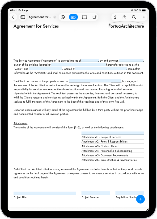 На экране отображается PDF‑форма с выделенными полями для заполнения. Внизу экрана находятся кнопки «Добавить аннотацию», «Разметка», «Автозаполнение», «Обрезать», «Информация», «Поделиться» и «Искать». Выбрана кнопка «Автозаполнение».
