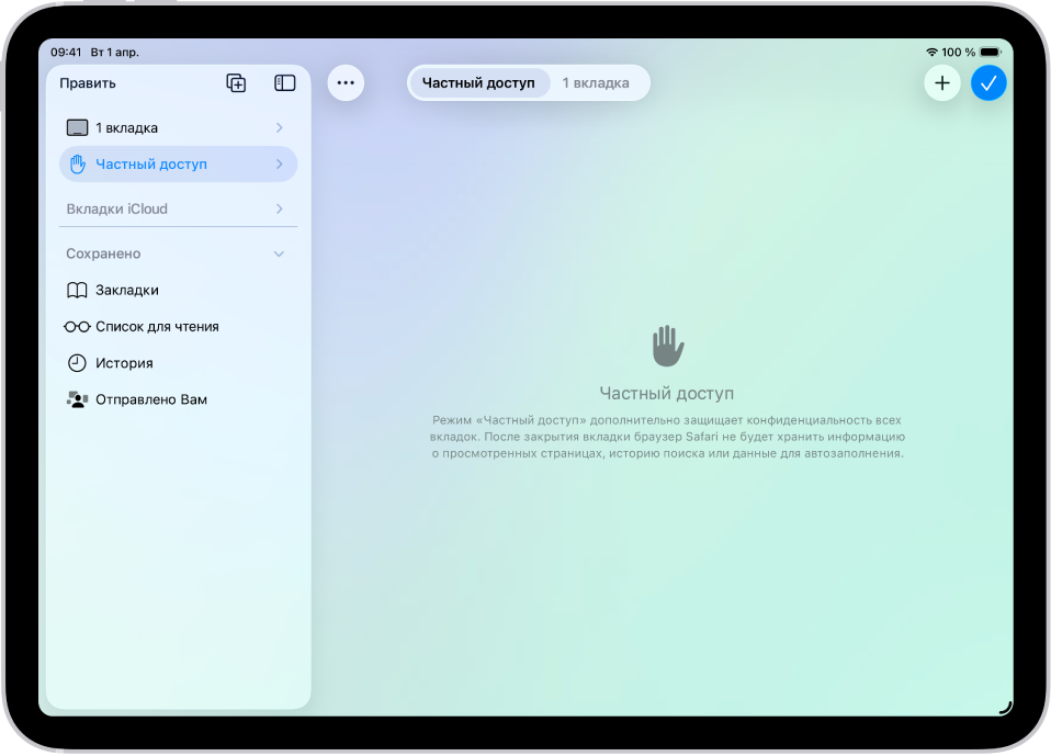 Боковое меню Safari открыто в левой части окна Safari. Выбрана вкладка «Частный доступ». В правой части окна отображается уведомление, что Safari не сохраняет историю посещения веб‑страниц.